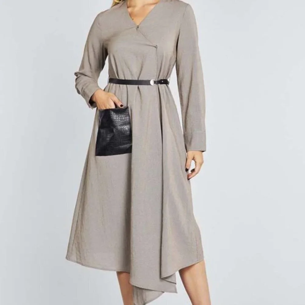 Belted Midi Dress w/ Faux Leather Pocket and Belt | Long Sleeve